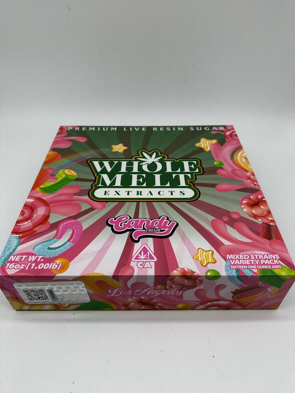 A colorful box of Import placeholder for 23, featuring a "mixed strains variety pack." The box design includes vibrant graphics of gummy worms and candy, with text indicating "premium live resin sugar," "16 oz.," and a California compliance symbol.