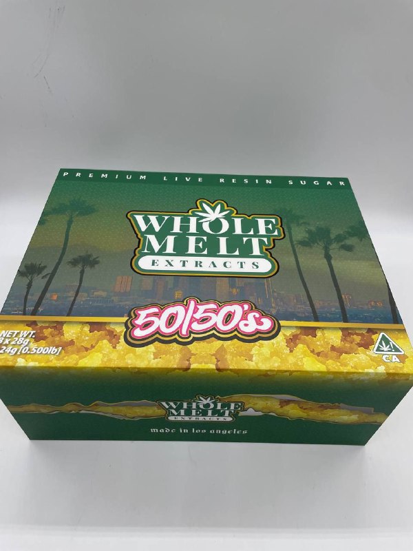 A green box of Import placeholder for 68 labeled “50/50’s” is displayed. The box features imagery of yellow sugar crystals and a city skyline with palm trees. Text indicates the product weight as 0.5 grams and it is made in Los Angeles.