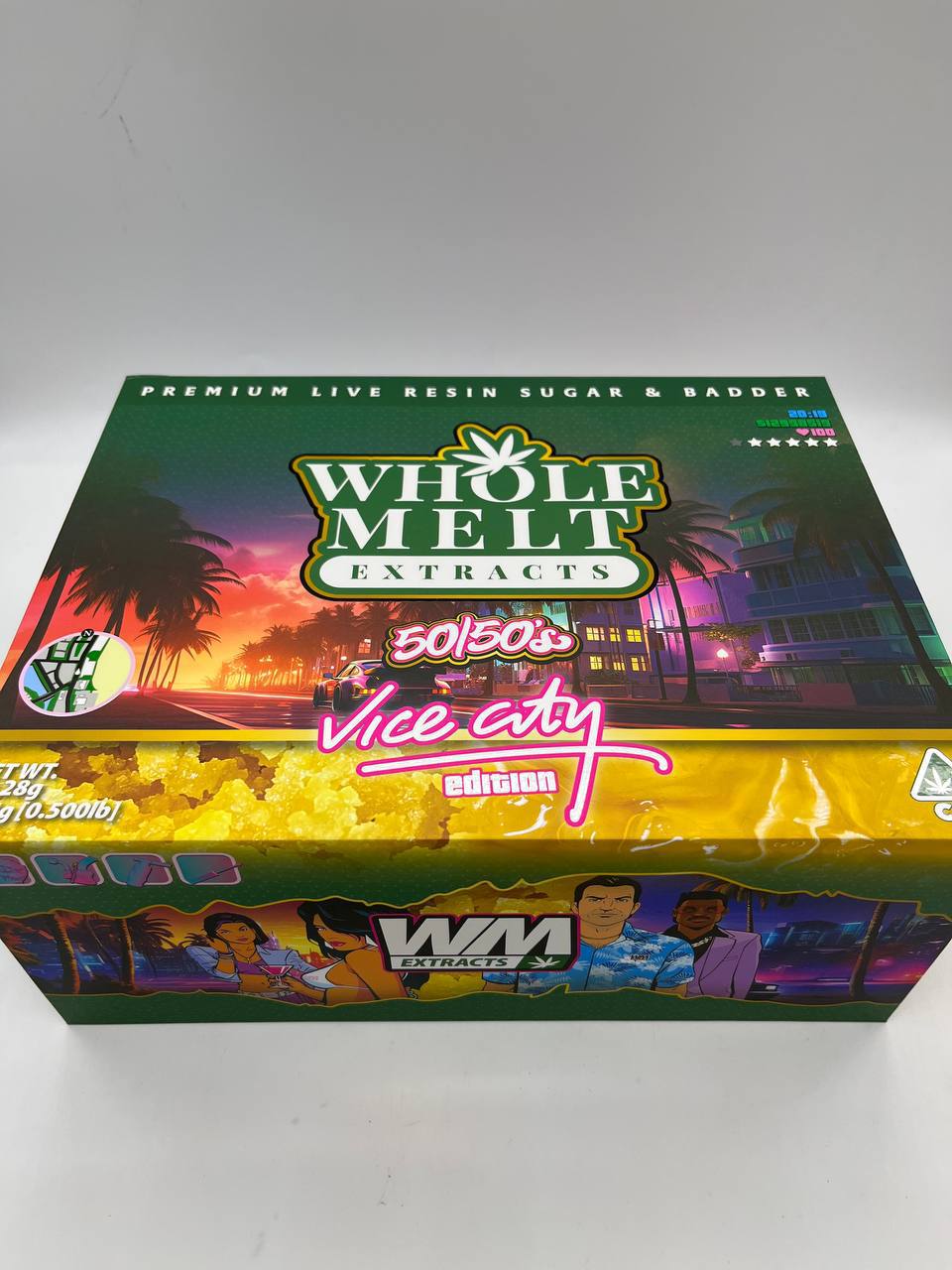 A box of "Import placeholder for 60." The colorful packaging features a tropical cityscape with palm trees and neon lights, reminiscent of the 1980s Miami. The upper section shows a product window with golden-colored contents inside.