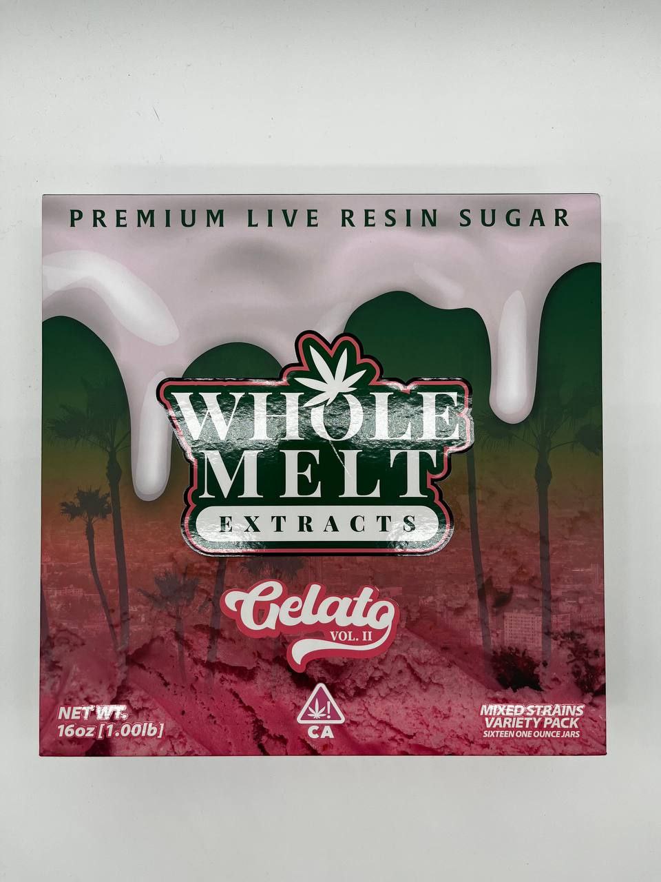 Image of a product box for "Import placeholder for 51." The packaging features a melting ice cream design at the top and palm trees in the background. The box details include weight (16 oz/1.00 lb) and Mixed Strains Variety Pack.