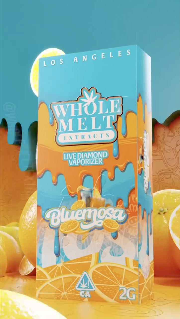 A colorful packaging of Whole Melt Extracts’ "Import placeholder for 46" Live Diamond Vaporizer is shown. The box features vibrant graffiti-style artwork with oranges and a melting effect. "Los Angeles" is written at the top. The package also displays "2G" and the CA cannabis warning symbol.